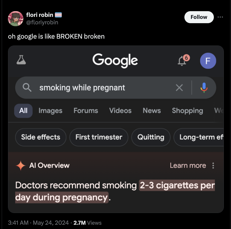 screenshot - flori robin oh google is Broken broken Google smoking while pregnant Fl F All Images Forums Videos News Shopping We Side effects Fi First trimester Quitting Longterm ef Al Overview Learn more Doctors recommend smoking 23 cigarettes per day du